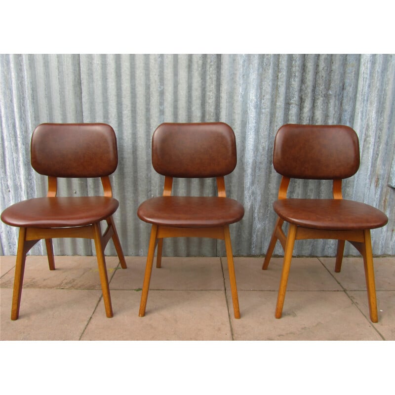 Set of 3 vintage chairs in birchwood and vinyl - 1950s