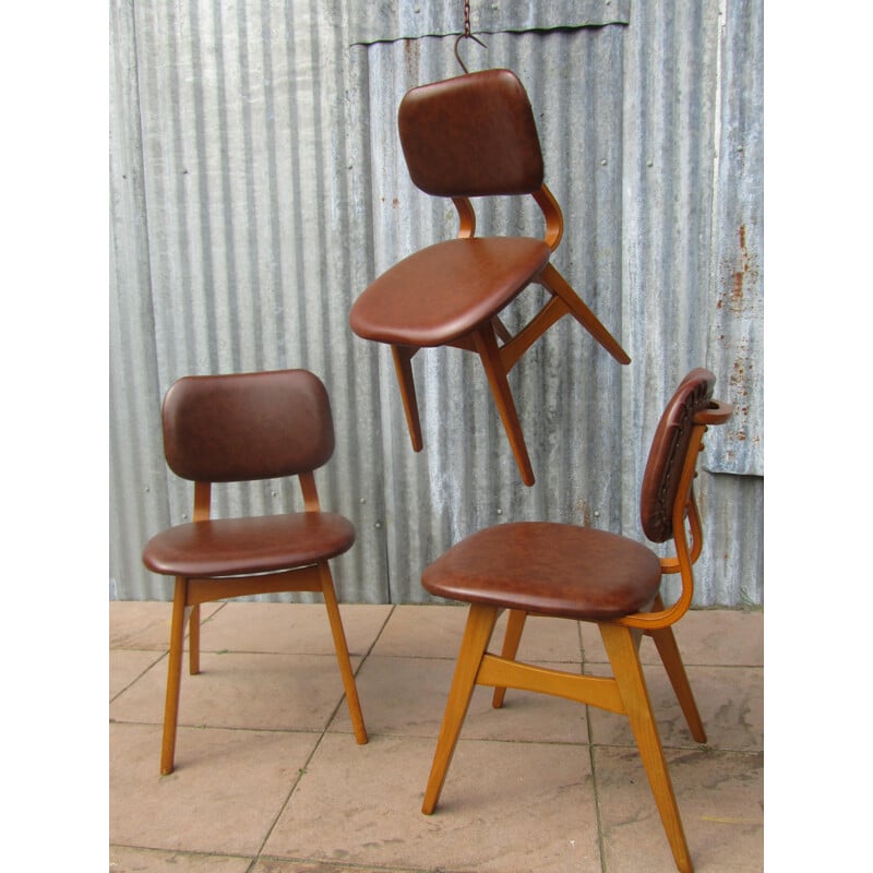 Set of 3 vintage chairs in birchwood and vinyl - 1950s