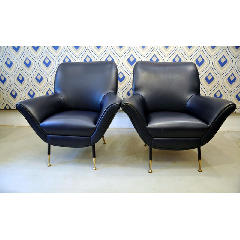Pair of 2 blue italian vintage armchairs, 1950s