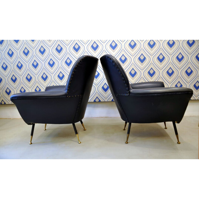 Pair of 2 blue italian vintage armchairs, 1950s