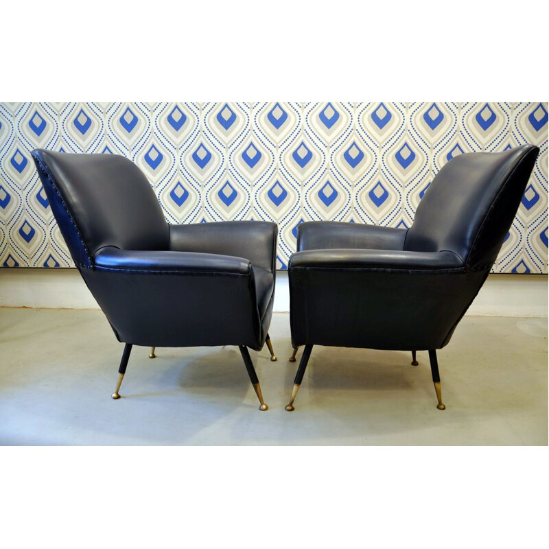 Pair of 2 blue italian vintage armchairs, 1950s