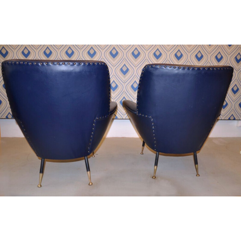 Pair of 2 blue italian vintage armchairs, 1950s