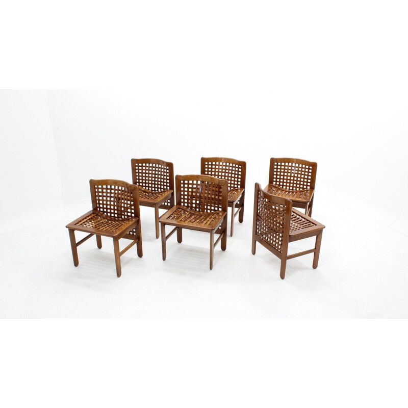 Set of 6 italian walnut vintage dining chairs, 1970s