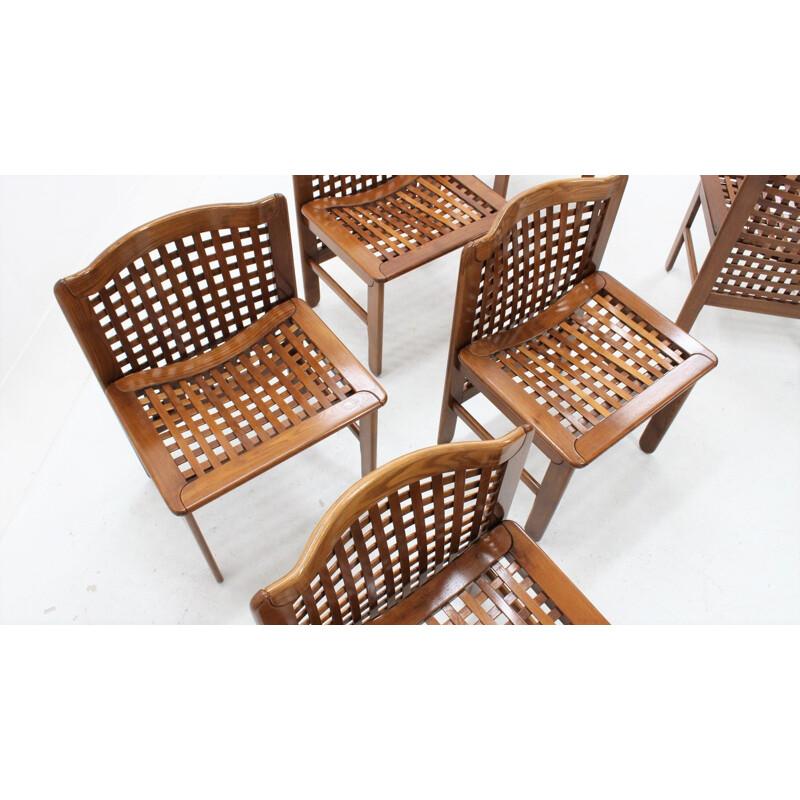 Set of 6 italian walnut vintage dining chairs, 1970s