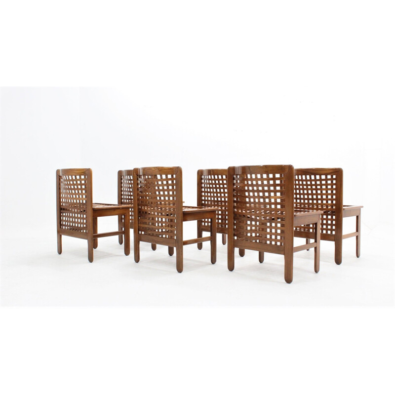 Set of 6 italian walnut vintage dining chairs, 1970s