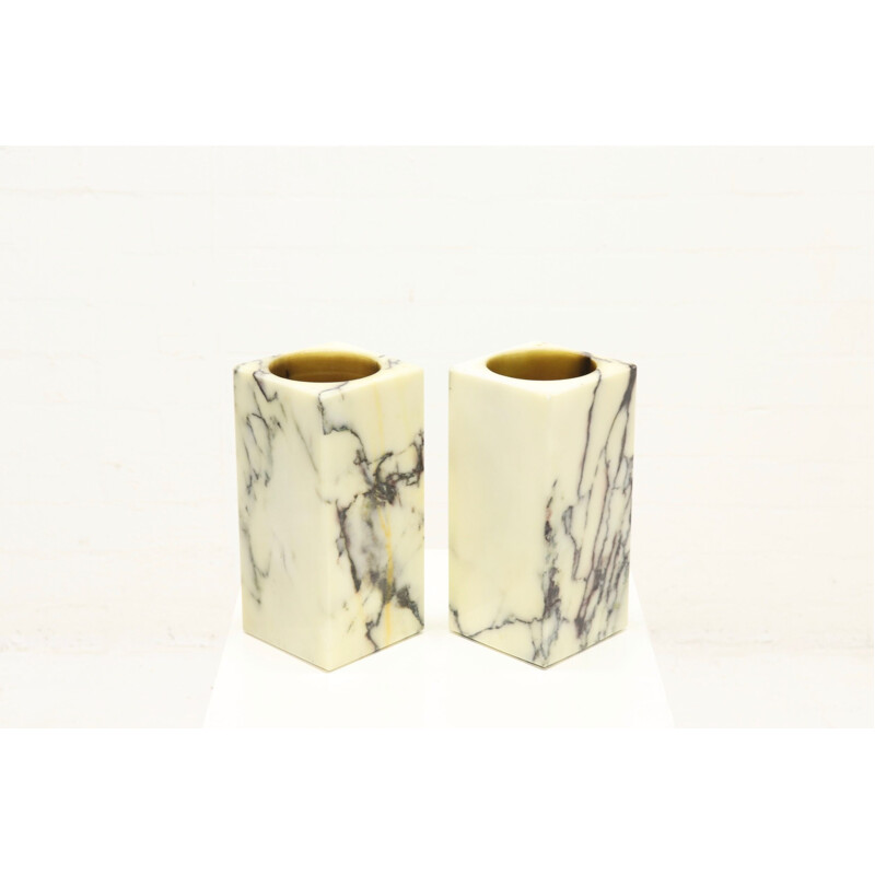 Pair of vintage solid Italian marble candle holders, 1970s
