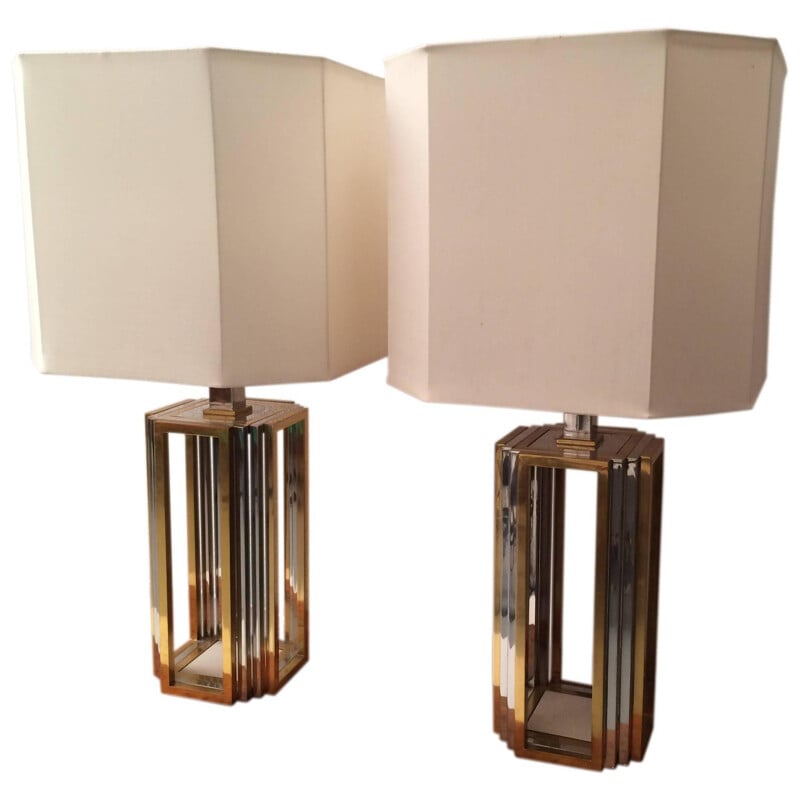 Set of 2 vintage lamps in inox, brass and silk, Roméo REGA - 1970s