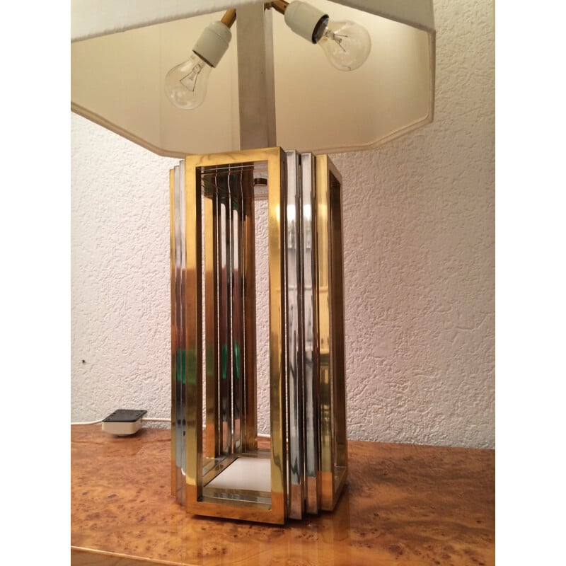 Set of 2 vintage lamps in inox, brass and silk, Roméo REGA - 1970s
