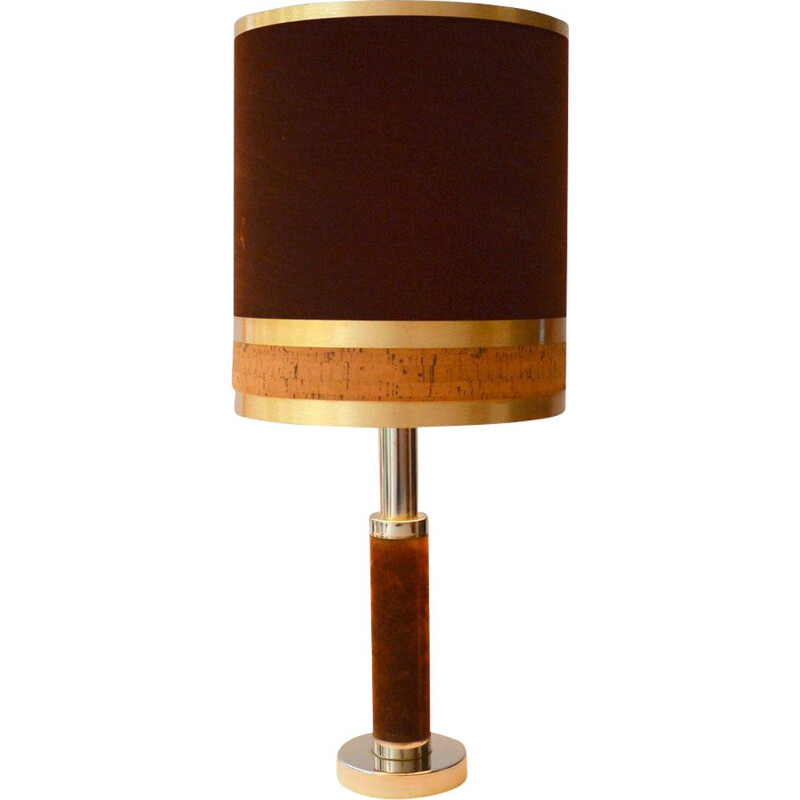 Lampe de table vintage en Laiton, velours et liège 1970