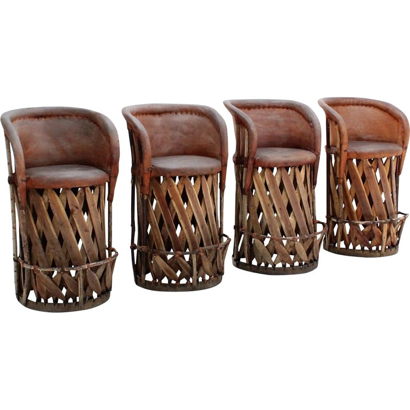 Vintage jungle design cow leather and wood stools 1970s, set of 4