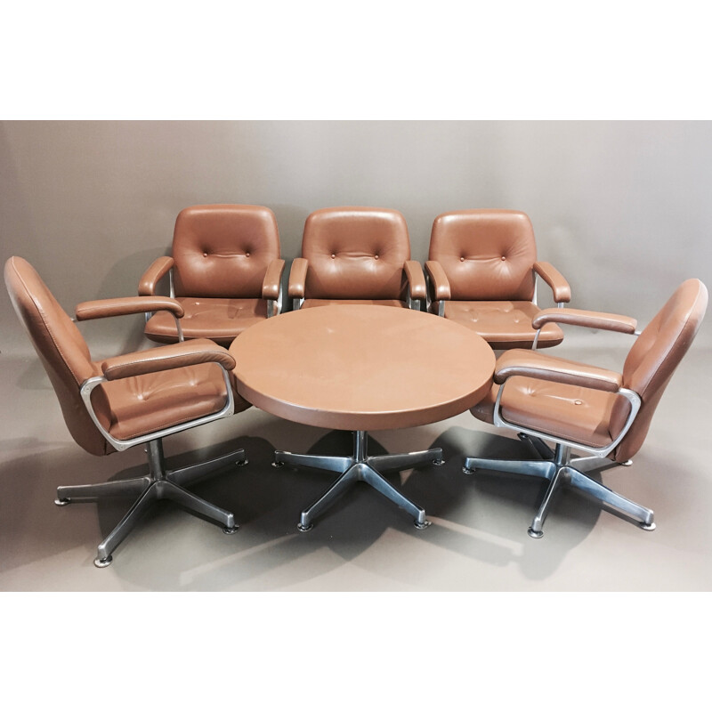 Vintage dining set of 5 armchairs and its table in leather and aluminium 1960s