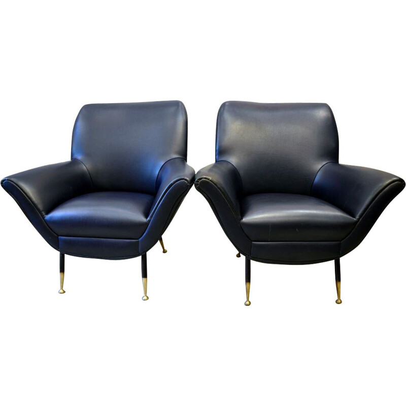 Pair of 2 blue italian vintage armchairs, 1950s