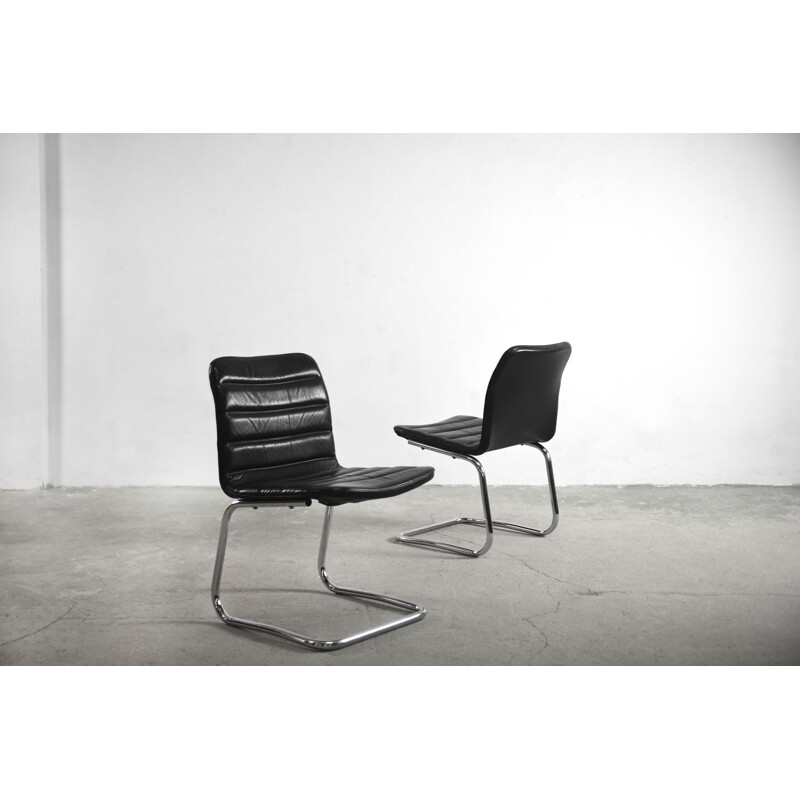 Paar vintage minimalistische lederen fauteuils van Pol International, Duitsland 1960