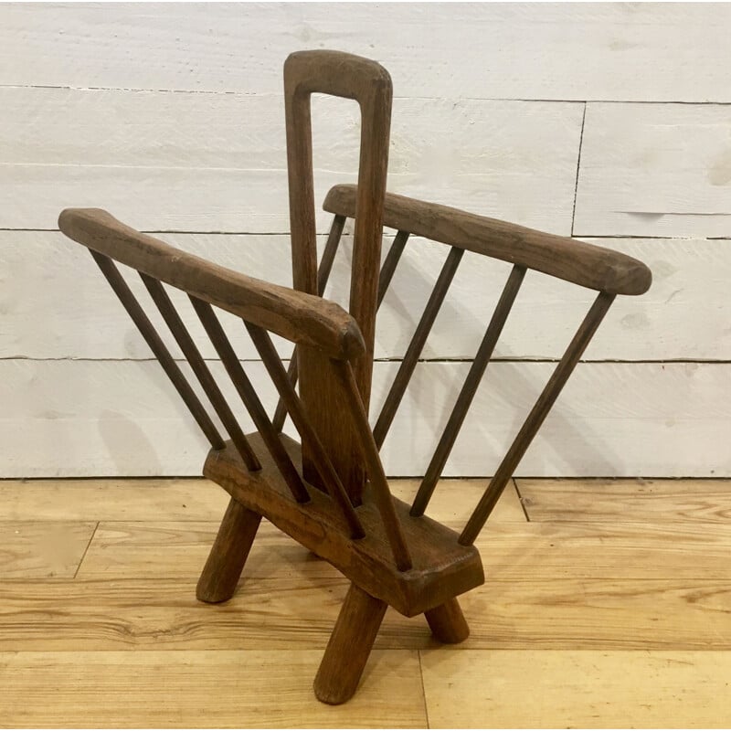 Vintage elm magazine rack, brutalist style, 1960s