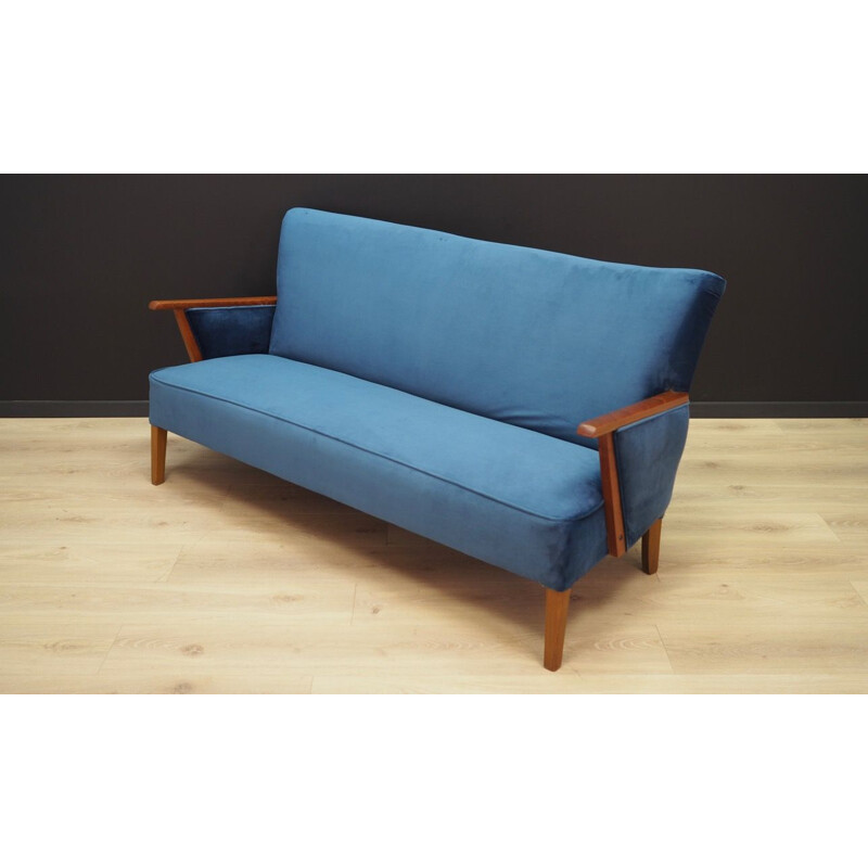 Vintage blue velvet and wooden sofa, Denmark, 1960-70