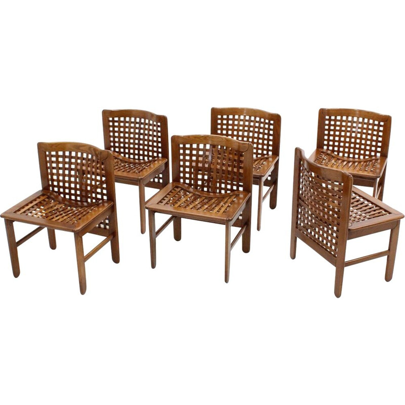 Set of 6 italian walnut vintage dining chairs, 1970s
