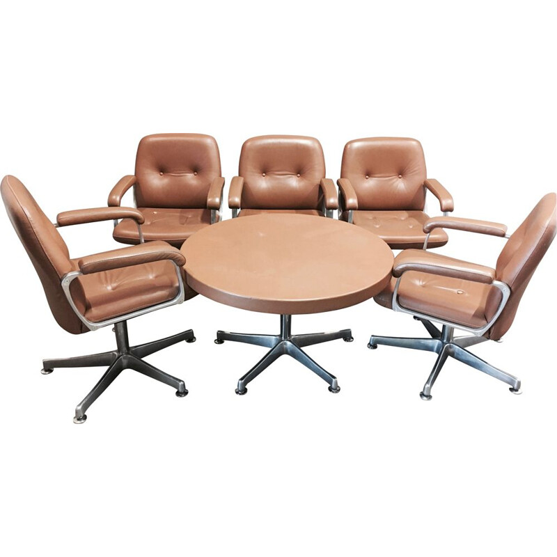 Ensemble de 5 fauteuils et sa table, cuir et aluminium 1960