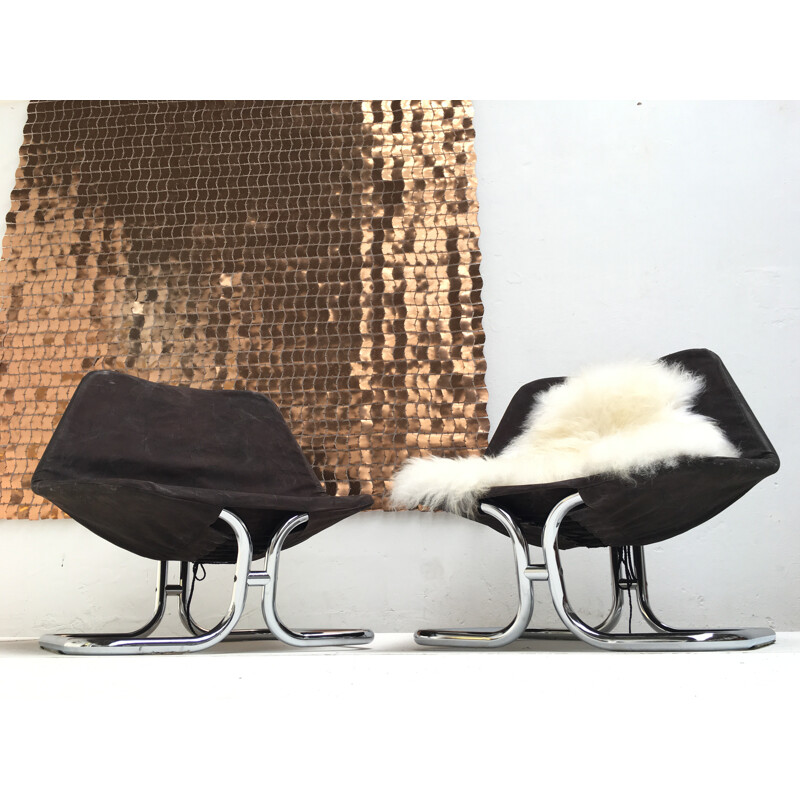 Scandinavian pair of lounge chairs in chromed steel and black canvas - 1970s