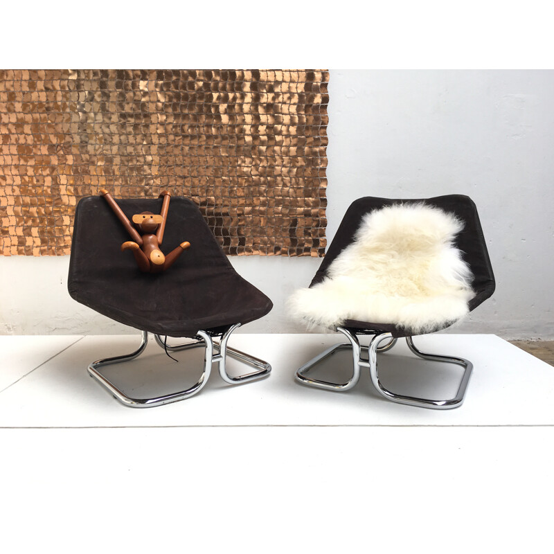 Paire de fauteuils scandinaves vintage en acier chromé et toile - 1970