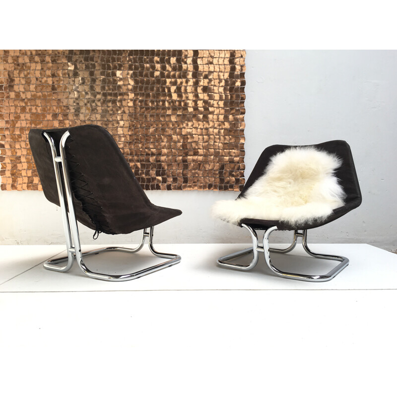 Scandinavian pair of lounge chairs in chromed steel and black canvas - 1970s