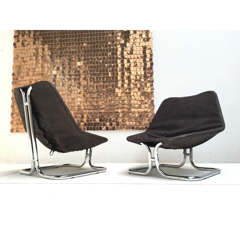 Scandinavian pair of lounge chairs in chromed steel and black canvas - 1970s