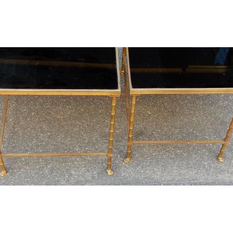 Set of 3 vintage brass and black opaline glass nesting tables by Maison Bagues, 1970s