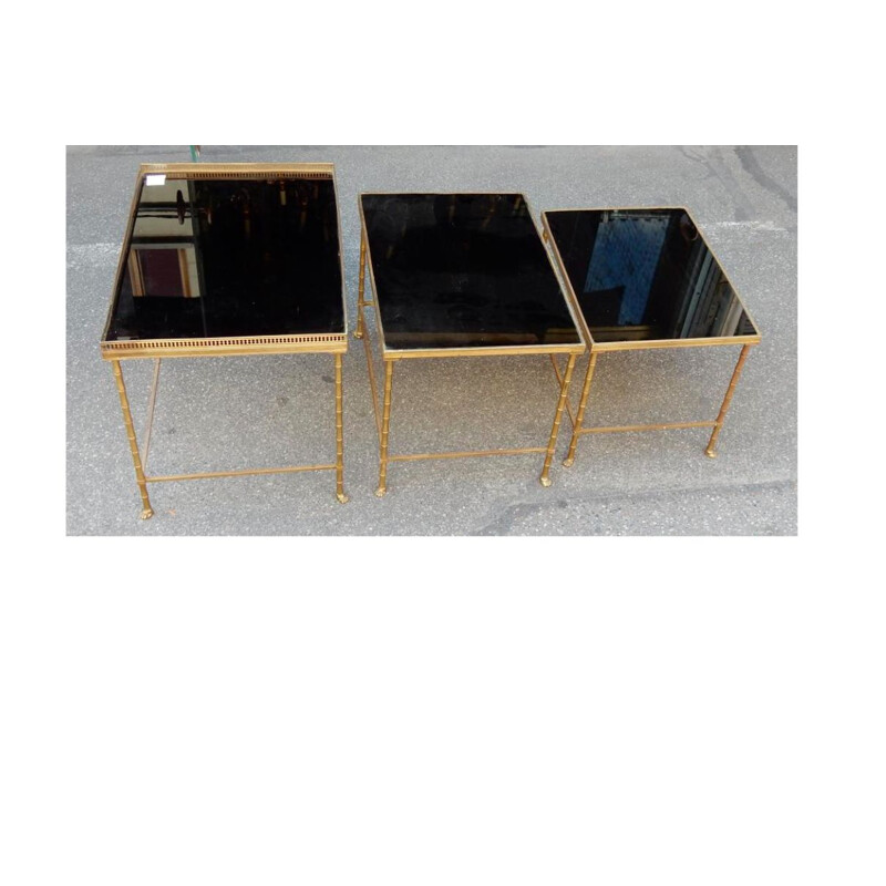 Set of 3 vintage brass and black opaline glass nesting tables by Maison Bagues, 1970s