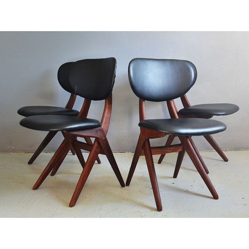 Ensemble de 4 chaises vintage en teck et cuir par Louis van Teeffelen, 1950