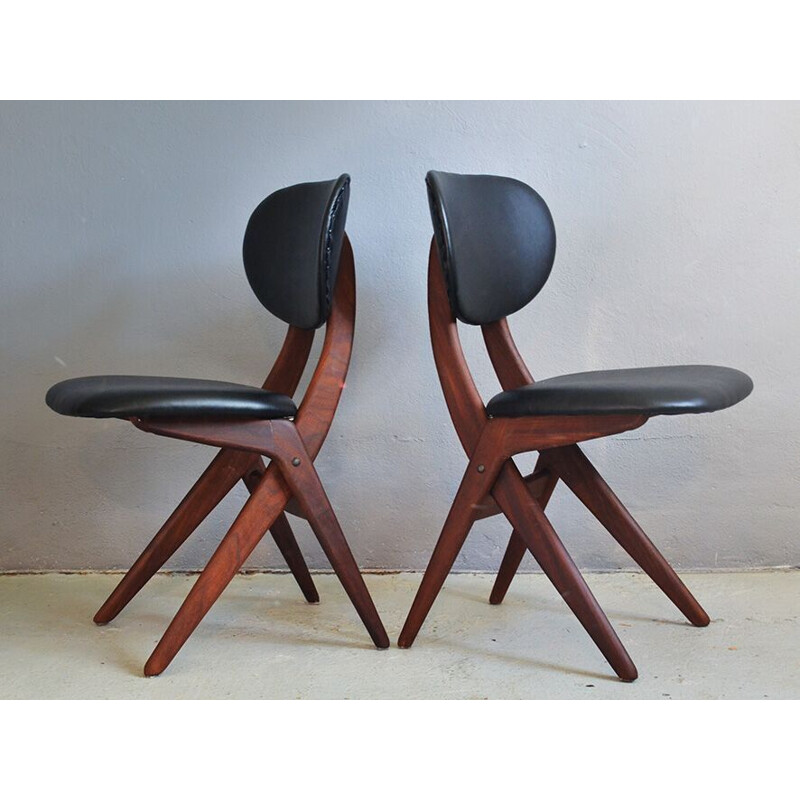 Ensemble de 4 chaises vintage en teck et cuir par Louis van Teeffelen, 1950