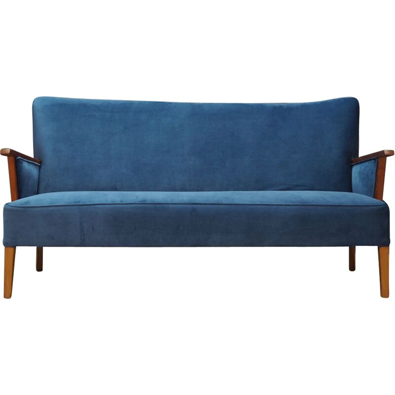 Vintage blue velvet and wooden sofa, Denmark, 1960-70