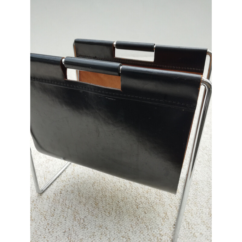 Vintage chrome and leather metal magazine holder by Brabantia, 1970s