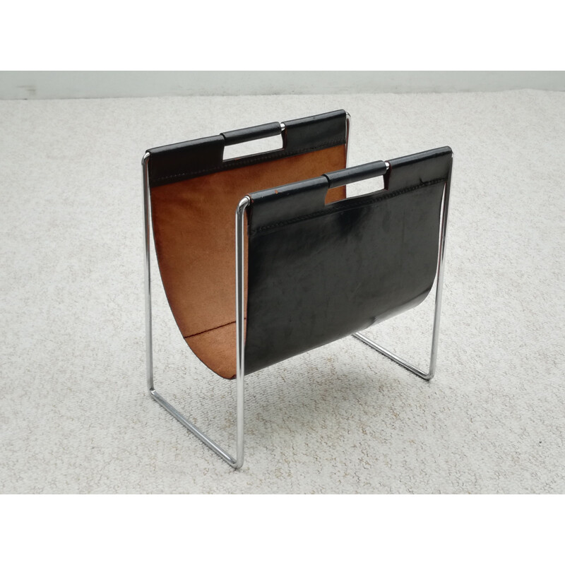 Vintage chrome and leather metal magazine holder by Brabantia, 1970s