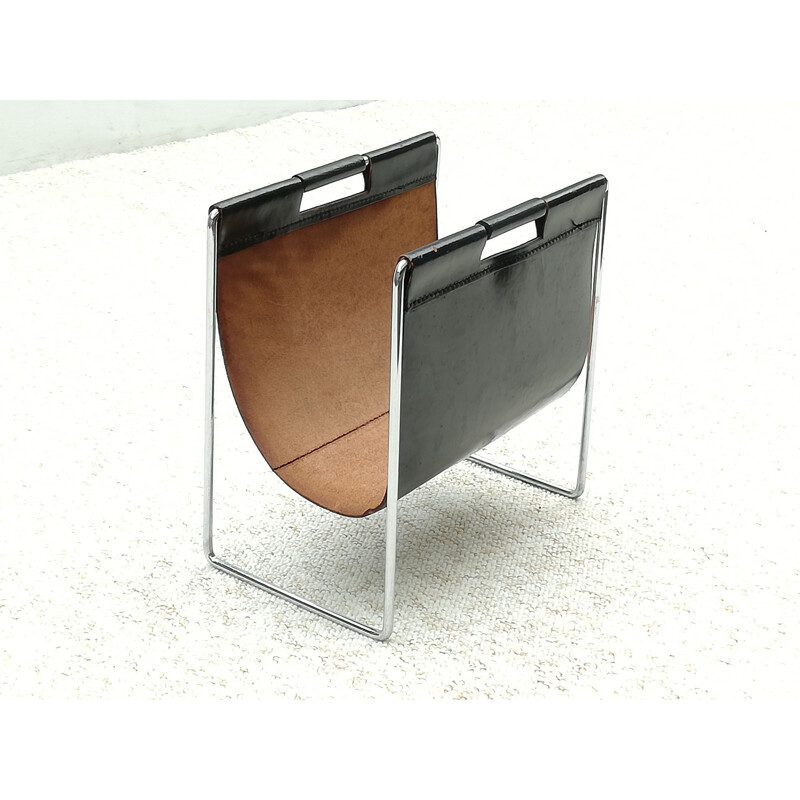 Vintage chrome and leather metal magazine holder by Brabantia, 1970s