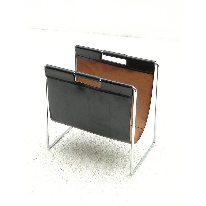 Vintage chrome and leather metal magazine holder by Brabantia, 1970s