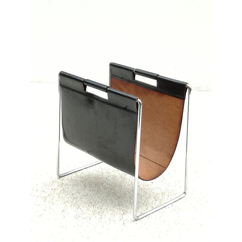 Vintage chrome and leather metal magazine holder by Brabantia, 1970s