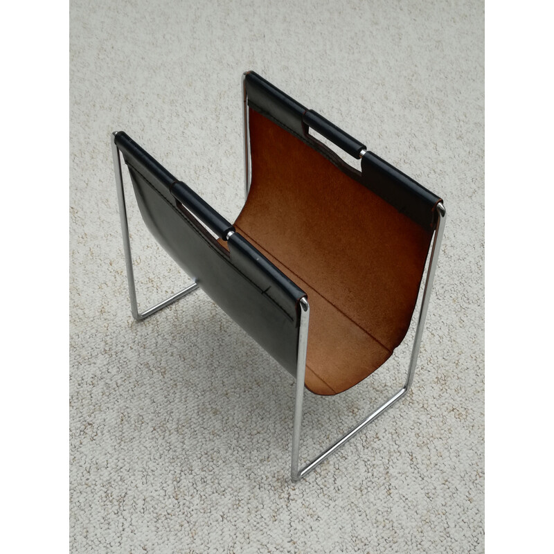 Vintage chrome and leather metal magazine holder by Brabantia, 1970s