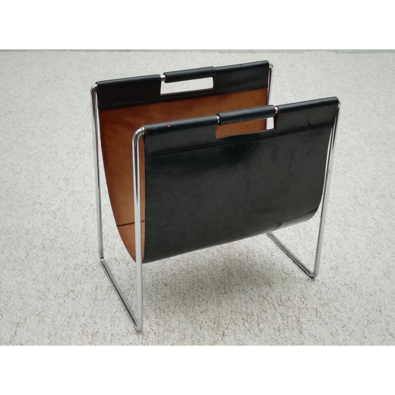 Vintage chrome and leather metal magazine holder by Brabantia, 1970s