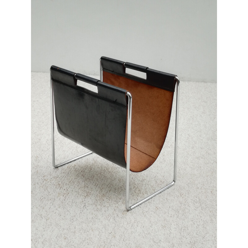 Vintage chrome and leather metal magazine holder by Brabantia, 1970s