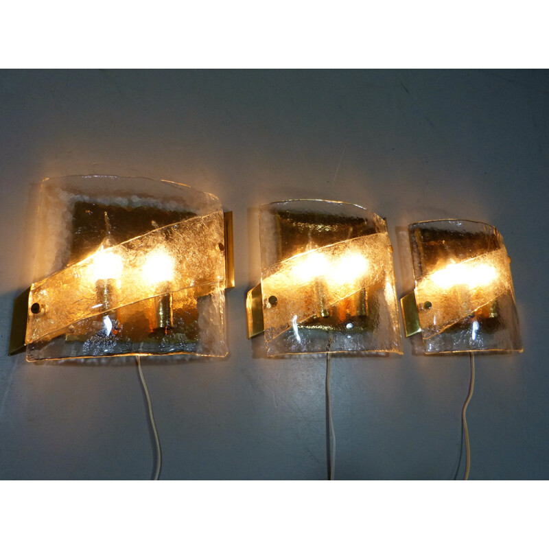 Set of 3 wall lamps in brass and glass - 1970s
