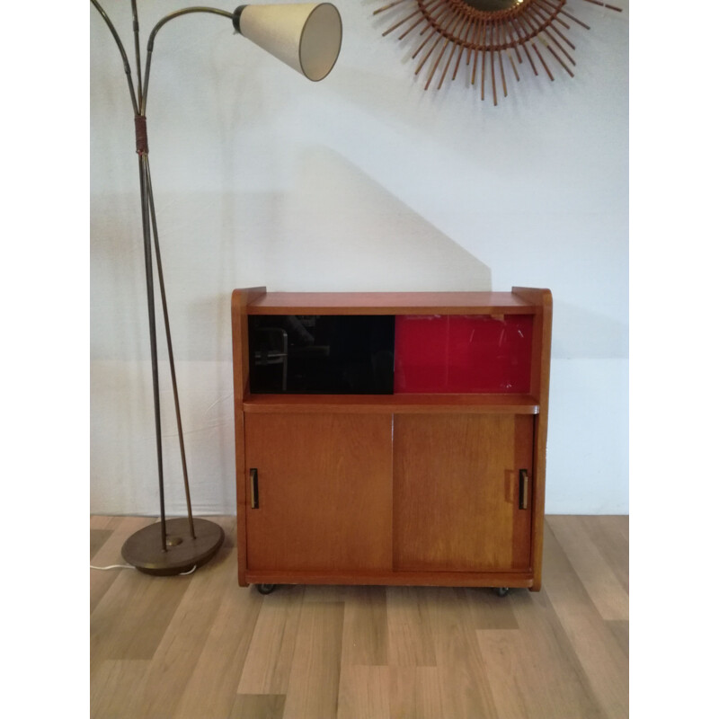 Vintage TV cabinet in oak and brass, 1960s