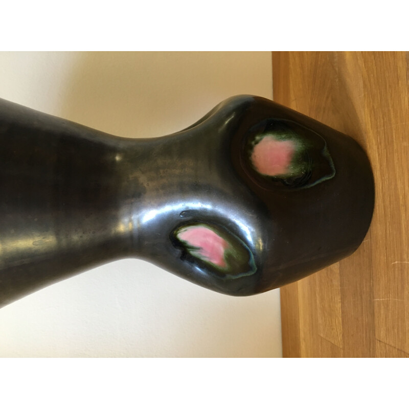 Vintage Vase in Pink and Black Emailed Ceramic 1960s