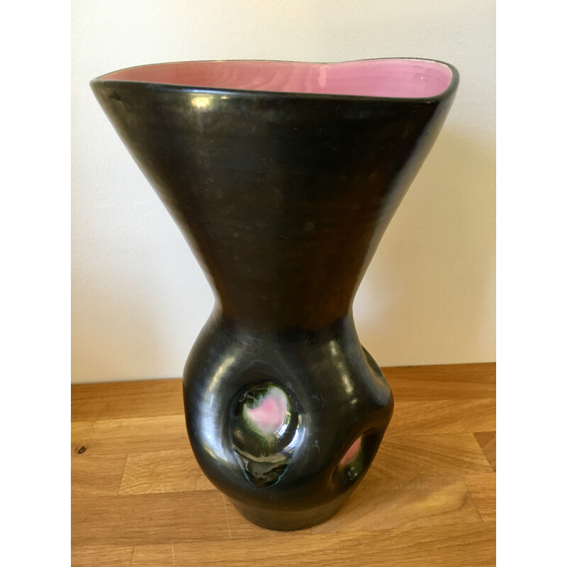 Vintage Vase in Pink and Black Emailed Ceramic 1960s