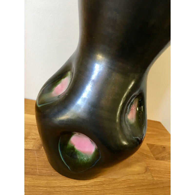 Vase vintage en Céramique Emaillée rose et noir 1960