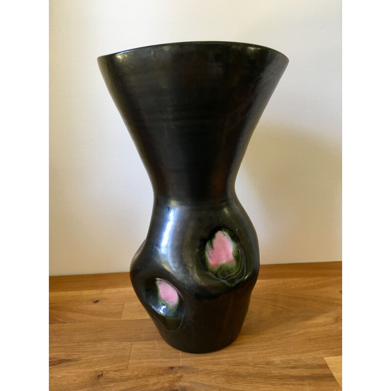 Vintage Vase in Pink and Black Emailed Ceramic 1960s