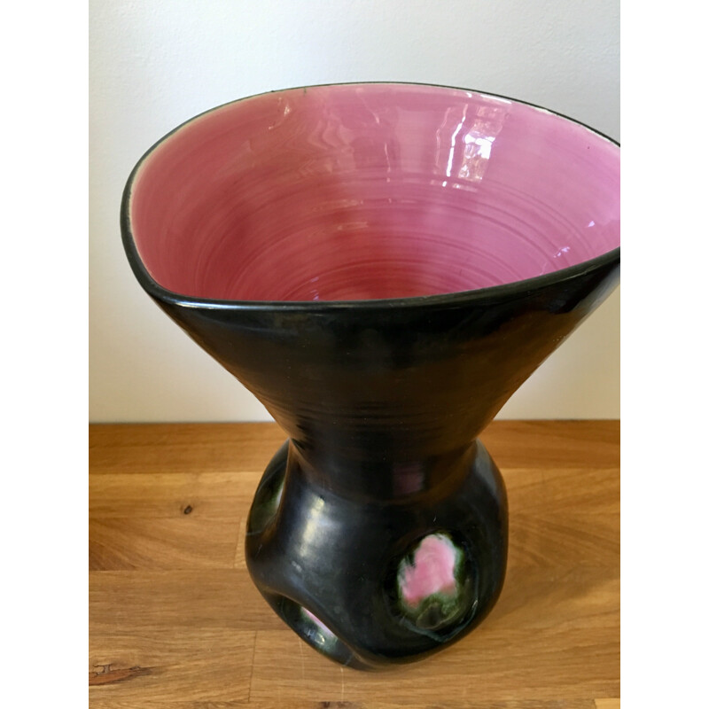 Vintage Vase in Pink and Black Emailed Ceramic 1960s