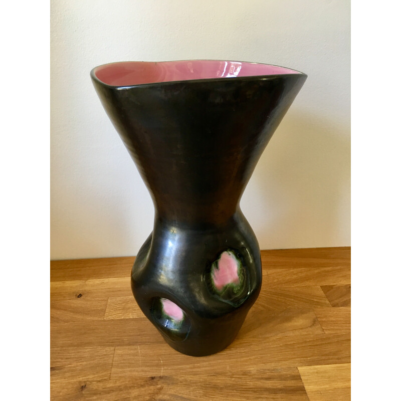 Vintage Vase in Pink and Black Emailed Ceramic 1960s