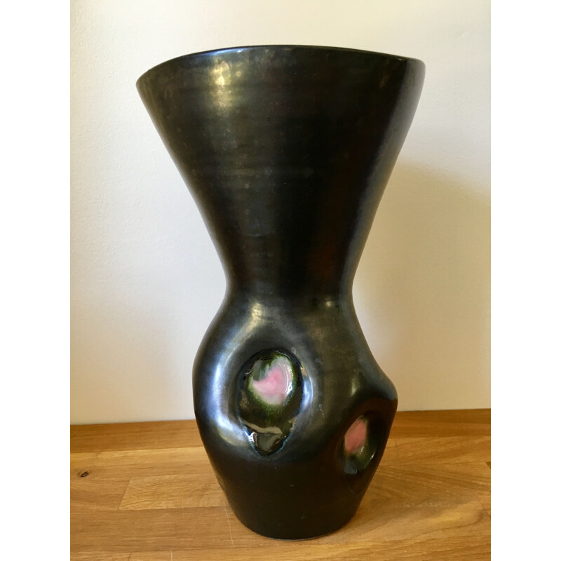 Vase vintage en Céramique Emaillée rose et noir 1960
