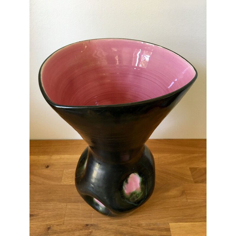 Vintage Vase in Pink and Black Emailed Ceramic 1960s