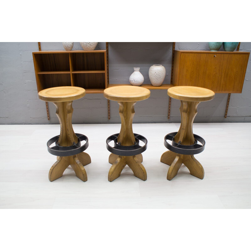 Vintage set of 3 Bar Stools in Iron and Wood 1960s