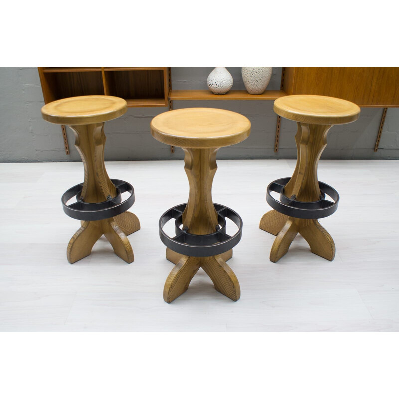 Vintage set of 3 Bar Stools in Iron and Wood 1960s